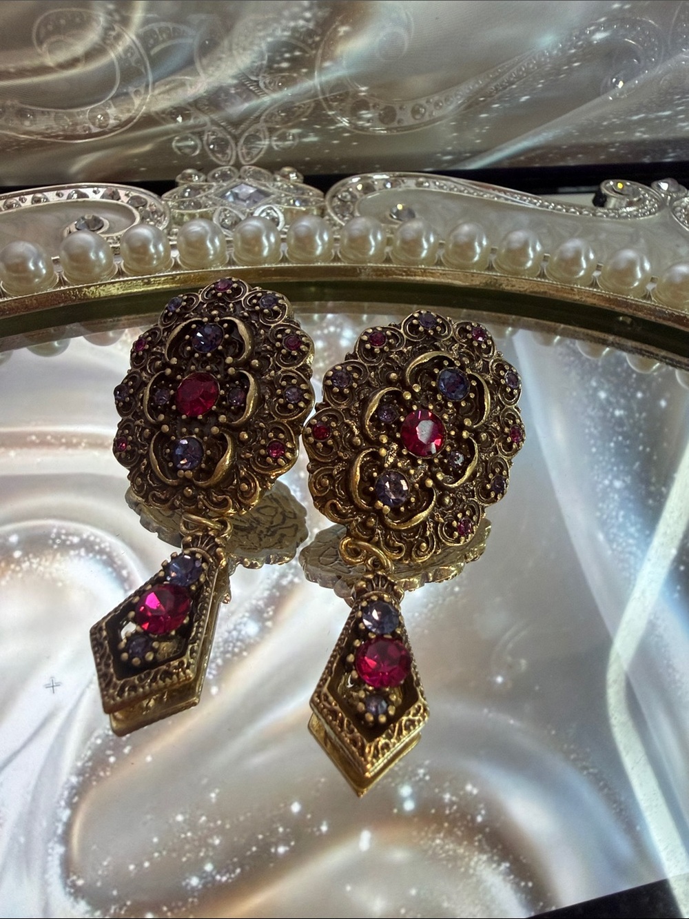 Gold-Tone Drop Earrings with Ruby-Red and Purple Accents